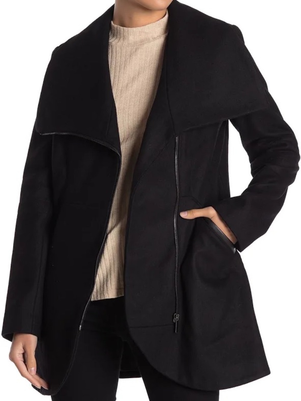 French Connection Women's Black Asymmetric Zip Coat Wool Blend